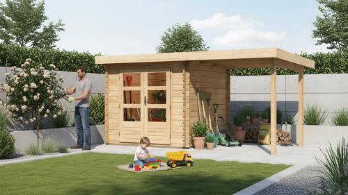 drevený domček KARIBU BASTRUP 2 + prístavok 200 cm (73290) natur