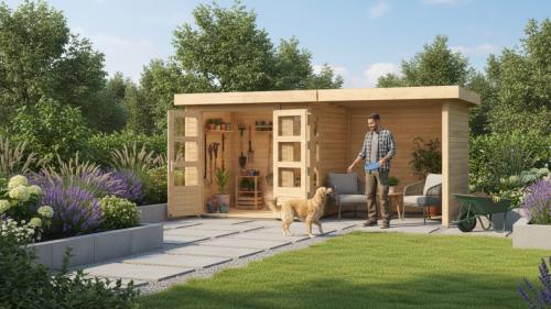 drevený domček KARIBU KERKO 3 + prístavok 240 cm vrátane zadnej a bočnej steny (82934) natur