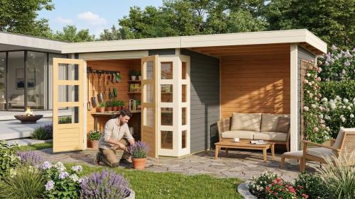 drevený domček KARIBU KERKO 3 + prístavok 240 cm vrátane zadnej a bočnej steny (82935) terragrau