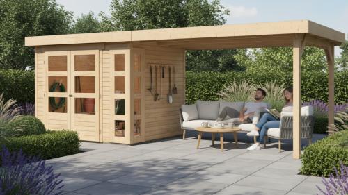 drevený domček KARIBU KERKO 3 + prístavok 280 cm (82936) natur