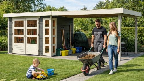 drevený domček KARIBU KERKO 3 + prístavok 280 cm (82937) terragrau